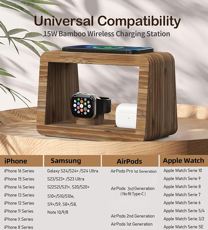 Bamboo Charging Station for Multiple Devices,15W Fast Wireless Charging Station with Nightlight, 3 Color & 4 Adjustable Brightness Compatible with Phone/Watch/AirPods