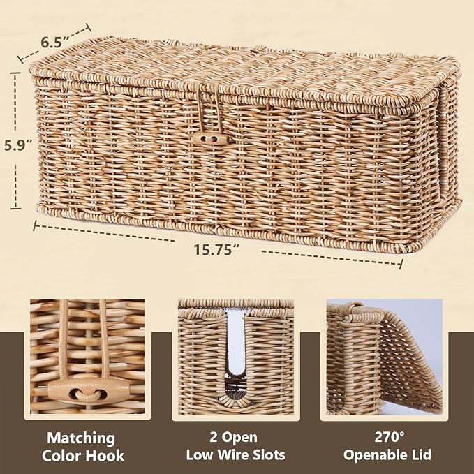 BROWNLILY Cable Management Box, Rattan Style Cord Organizer for Desk Cord Hider Outlet Covers Baby Proofing for Power Strip TV PC Router Charger Under Desk Storage with Lockable Lid and Cable Ties - Image 2