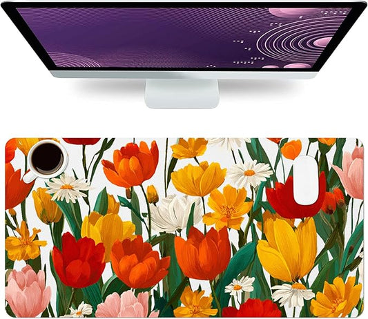 Large Mouse Pad, Red Floral Desk Mat for Desktop, Women Girls Flowers PU Leather Waterproof Desk Pad, Computer PC Laptop Protector Gaming Mouse Pads for School Office Home 27.5" x 13.8"