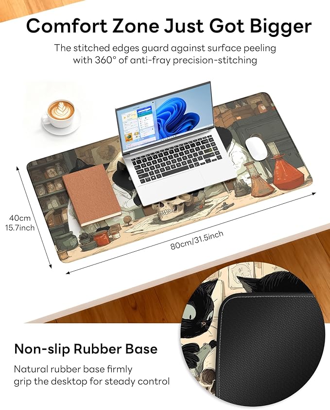 XL Gaming Mouse Pad, 31.5x15.7'' Large Desk Mat with Anti-Slip Rubber Base & Stitched Edges for Gaming, Office, Home - Professor Cat