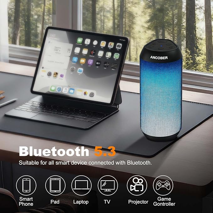 Portable Wireless Bluetooth Speaker with HD Powerful Stereo Sound, 8 Cool LED Light Modes, IPX4 Waterproof, 30H Playtime, TWS Pairing, BT5.3 with AUX-in, for Outdoor/Home/Party, Ideal Gift