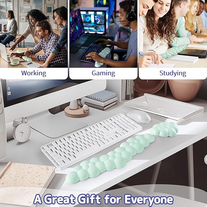 Sushret Cloud Wrist Rest for Keyboard and Mouse, Memory Foam PU Leather Keyboard Wrist Rest with Ergonomic Support, Non-Slip Base, Cute Arm Rest Pad & Palm Cushion, Office Desk Accessory, Light Green