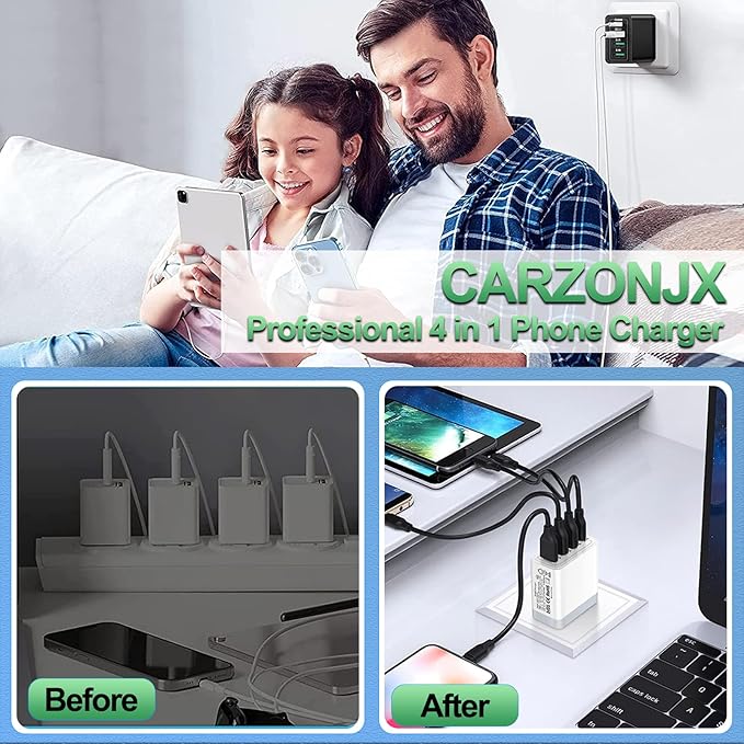 40W QC3.0 USB C Charger Block, CARZONJX 4 Port PD+QC Power Adapter Fast Charging Blocks USB C Wall Plug Multiport for iPhone 15 14 13 12 11 XS XR X 8, iPad, Galaxy, Tablet, Notebook