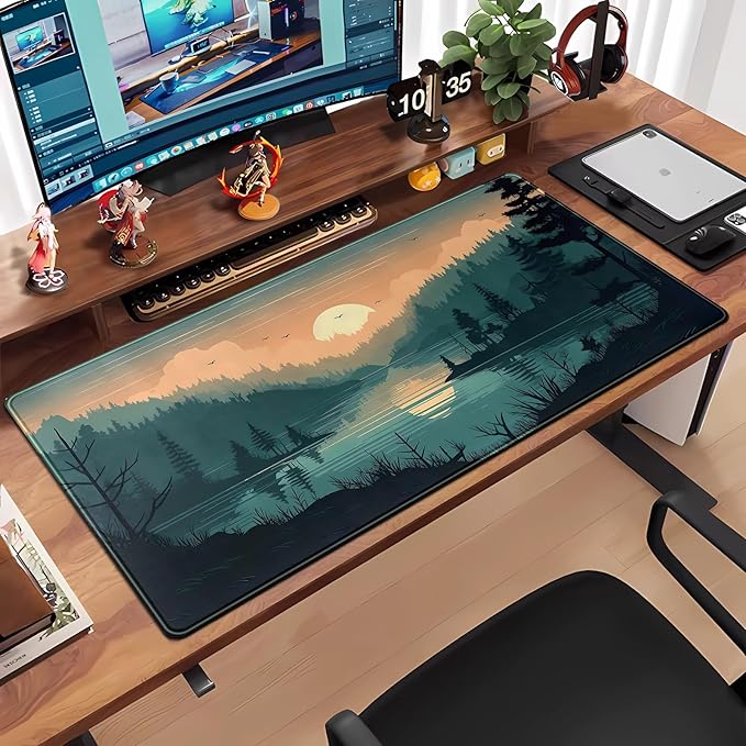 Sunset Lake Desk Mat Scenic Forest Large Mouse Pad Extended Gaming Mousepad XXL Green Pine Color Mountain Nature Keyboard Pad Sunset Mountains Landscape Big Mouse Mat Desk Decor 31.5x15.7 in