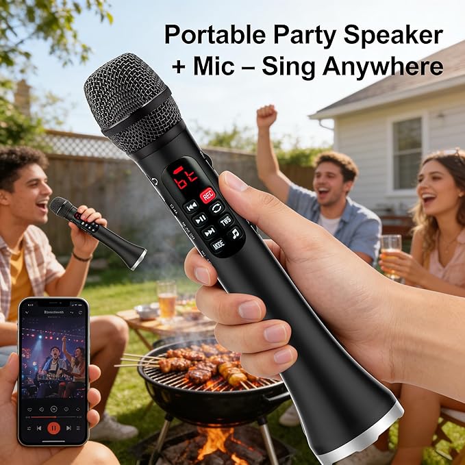 YF81 Wireless Bluetooth Microphone with 25W High Power, DSP Chip for Clear Sound, Dual Mic Connectivity for Duet Singing, One-Click Vocal Reduction for Karaoke, Portable Design with Loud Volume(Black)