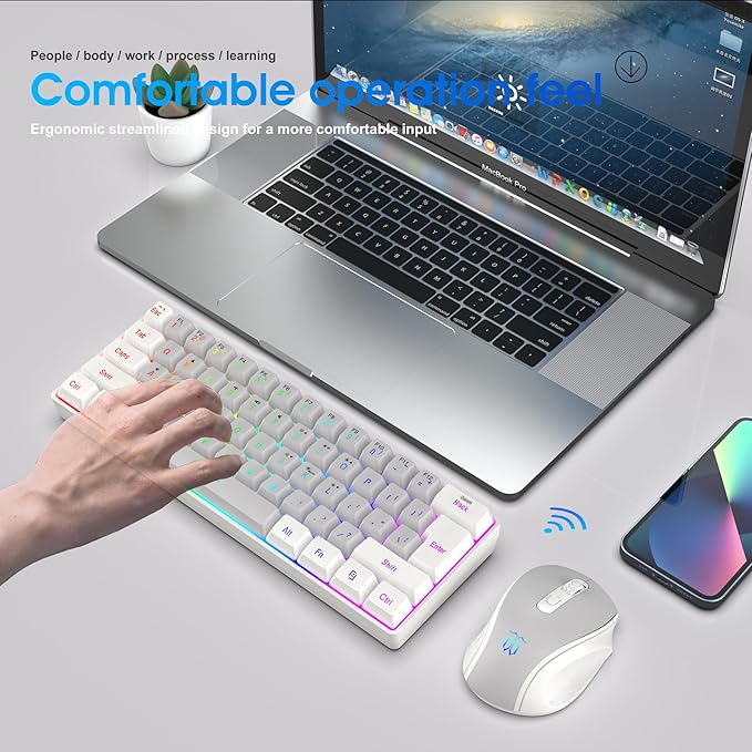 Snpurdiri 2.4G Wireless Gaming Keyboard and Mouse Combo, Include Mini 60% Mechanical Feel RGB Backlit Keyboard, Ergonomic Vertical Feel Small Wireless Mouse(White and Grey)