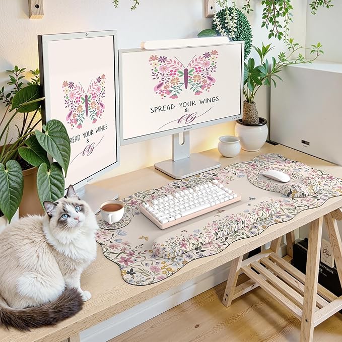 iCasso Desk Mat Set,Large Mouse Pad with Wrist Rest,Ergonomic Keyboard Wrist Support for Women,Girly Floral Computer Mat with Scalloped Edges,Non-Slip Desk Pad Home Office Gaming (Beige)