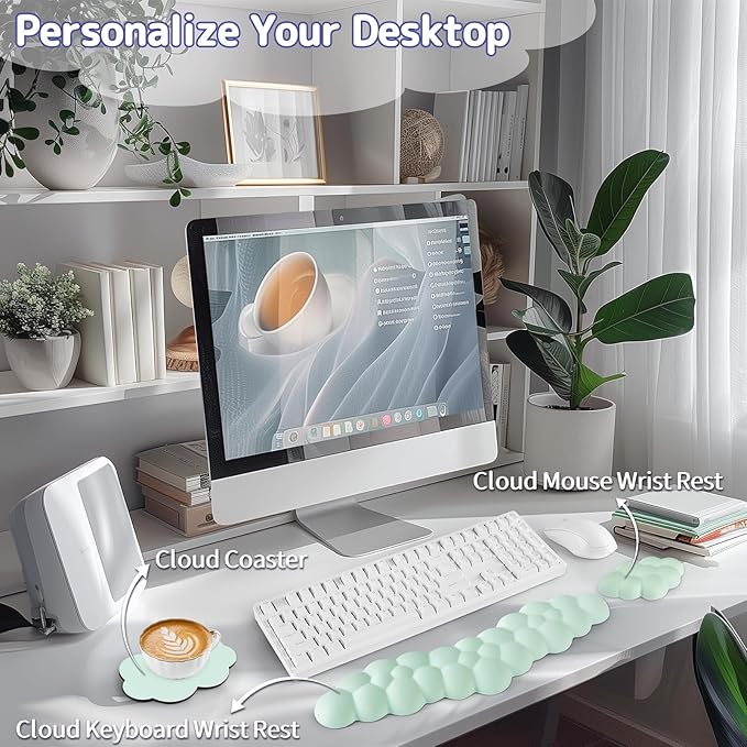 Sushret Cloud Wrist Rest for Keyboard and Mouse, Memory Foam PU Leather Keyboard Wrist Rest with Ergonomic Support, Non-Slip Base, Cute Arm Rest Pad & Palm Cushion, Office Desk Accessory, Light Green