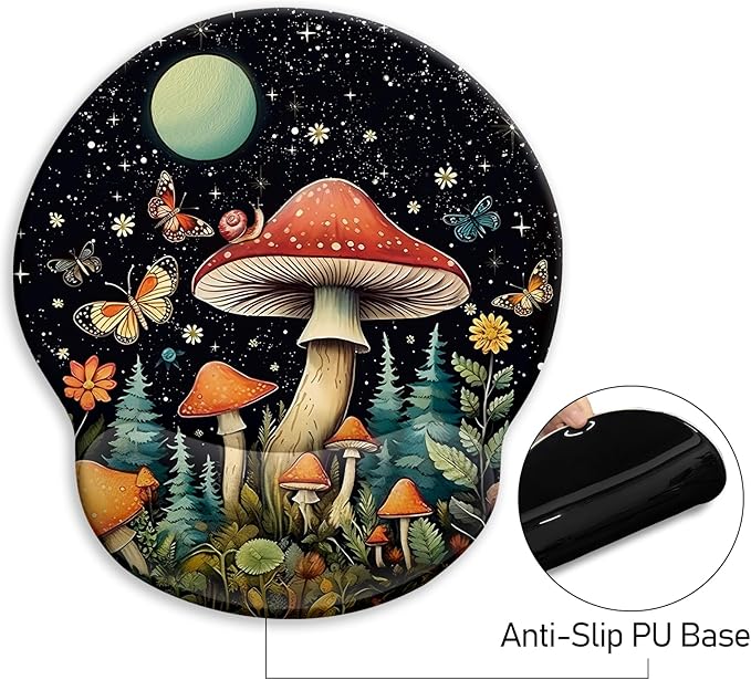 Blusabaca Ergonomic Mouse Pad with Wrist Rest, Mushroom Butterfly Mouse Pads Wrist Support for Desk, Gaming Mousepad for Wireless Mouse Laptop Computer Work Home Desk Accessories Office Supplies Decor