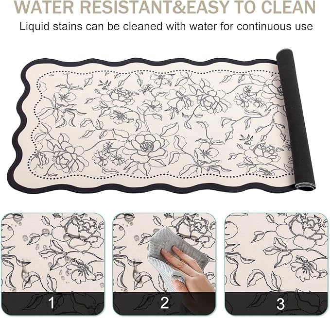 L-SPOUTTO Vintage Floral Mouse Pad,Aesthetic Scalloped Desk Mat XXL Large Gaming Mousepad,35.4x15.7in Non-Slip Keyboard Pad Waterproof Desktop Mat for Laptop Computer Work Game Home Office- Beige