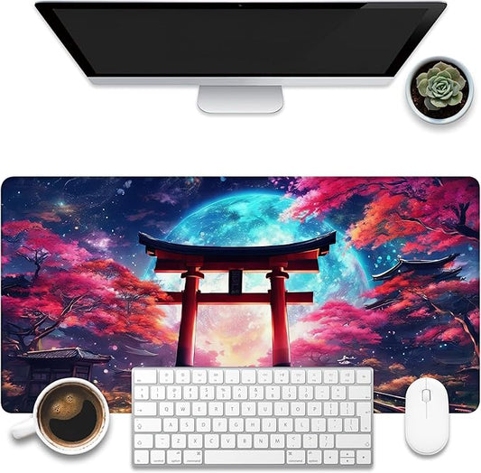 Anime Torii Gate Desk Mat, Cherry Tree and Galactic Sky Large Gaming Mouse Pad, 31.5"x15.7" Extended Big Computer Keyboard Mouse Pad with Non-Slip Base and Stitched Edge