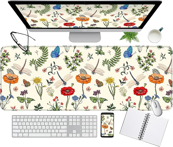 Desk Mat,Big Desk Pad,31.5 x 11.5in Extended Gaming Mouse Pad,Large Mouse Pad for Desk Rubber Base Mousepad with Stitched Edges,Keyboard Mouse Mat for Work Game Office Home - Dragonflies Flower