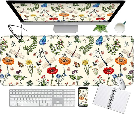 Desk Mat,Big Desk Pad,31.5 x 11.5in Extended Gaming Mouse Pad,Large Mouse Pad for Desk Rubber Base Mousepad with Stitched Edges,Keyboard Mouse Mat for Work Game Office Home - Dragonflies Flower