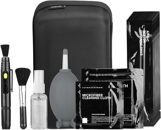 Movo Deluxe Essentials DSLR Camera Cleaning Kit with 10 APS-C Cleaning Swabs, Sensor Cleaning Fluid, Rocket Air Blower, Lens Pen, Soft Brush, 2X Small and 2X Large Microfiber Cloths and Carrying Case by Movo