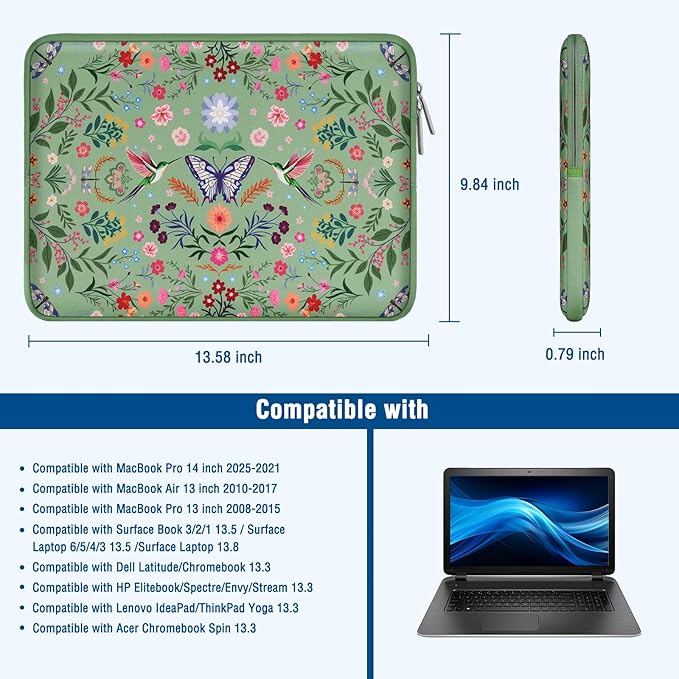 MOSISO Laptop Case 13.3 inch, 13-14 inch Laptop Sleeve Bag Compatible with MacBook Air/Pro 13/Pro 14, HP Dell Acer ASUS Lenovo, Neoprene Hummingbird Plants Flowers Computer Bag with Small Case, Green