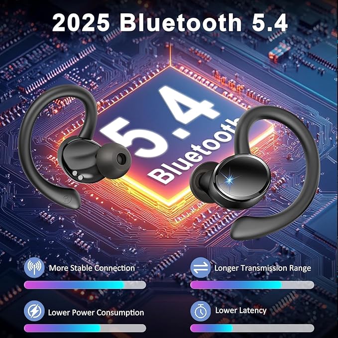 Wireless Earbuds, Bluetooth 5.4 Headphones Sport, 50H Deep Bass Sound Over Ear Buds with 4 ENC Noise Cancelling Mic, Dual LED Display, IP7 Waterproof Earphones with Earhook for Workout/Running/Gym