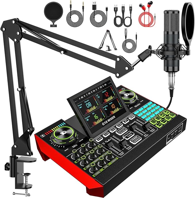 Podcast Microphone Bundle with Live Sound Board Audio Mixer, Podcast Equipment Bundle with 3.5mm Boom Mic(P15) for Pc/Phone Live Streaming Singing Gaming, Voice Changer, Denoise