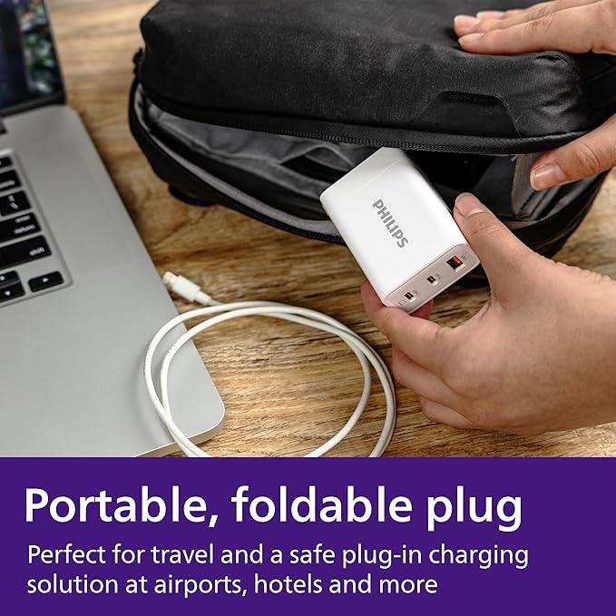 Philips iPhone Charger Fast Charging, 65W USB C Charger, 3-Port GaN USB C Charger Block with USB A and USB C, Foldable Fast Wall Charger for iPhone 16 Series, 15 Series, iPad Pro, White, DLP3653W/37