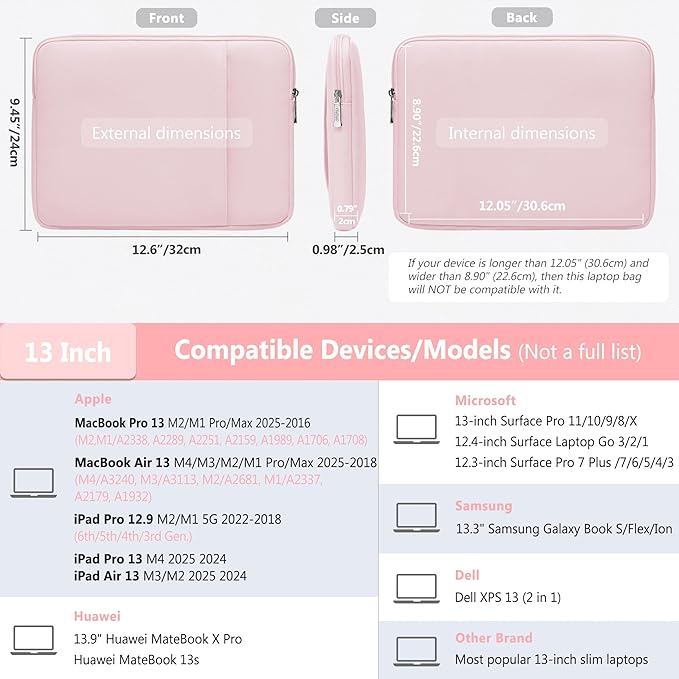 HYZUO 13 Inch Laptop Sleeve Bag Set for MacBook Air 13 M5/M4/M3/M2/M1 A3449 2026-2018, 13" MacBook Neo 2026 A3404, MacBook Pro 13 M2/M1 2026-2016, iPad Pro/Air 13, XPS 13, Surface Pro, Pale Pink