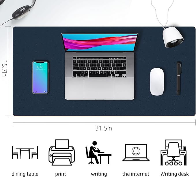 Desk Mat Large protector Pad - Multifunctional Dual-sided Office Desk Pad,Smooth Surface Soft Mouse Pad,Waterproof Desk Mat for Desktop, Pu Leather Desk Cover for Office/Home(Dark Blue, 31.5" x 15.7")