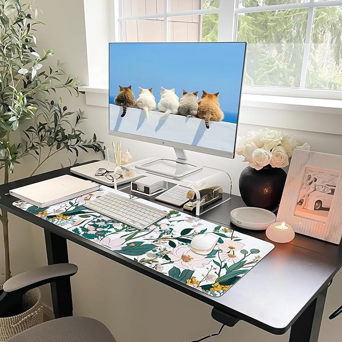 Floral Desk Mat, Desk Matt for Desktop Non-Slip, Large Mouse Pad with Stitched Edges, XL Computer Desk Mat for Women Office Decor (Yellow, 31.5" x 15.7")
