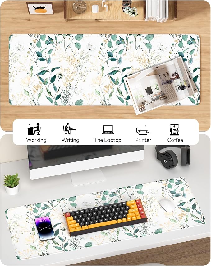 Nature Mouse Pad, 31.5 x 11.8 Large Desk Mat with Stitched Edges & Non-Slip Base, Mousepad for Office, Home, Work, Eucalyptus Leaf