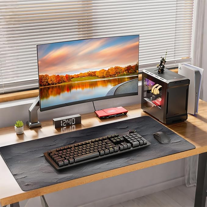 XXL Gray Mouse Pad with a Cement Wall Texture Design, 35.4 x 15.7 inches, Non-Slip Rubber Base, and Waterproof Microfiber Cloth Surface, Suitable for Home Office and Work environments.