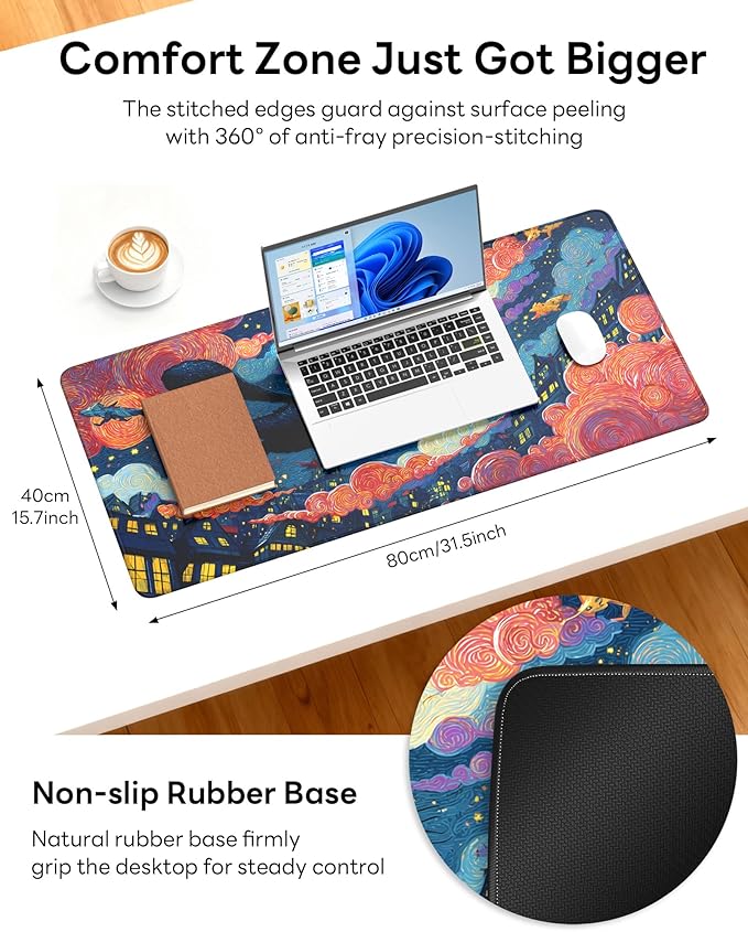 XL Gaming Mouse Pad, 31.5x15.7'' Large Desk Mat with Anti-Slip Rubber Base & Stitched Edges for Gaming, Office, Home - Flying Cat