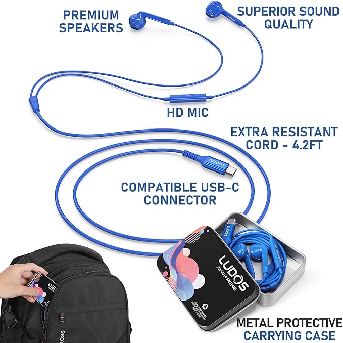 LUDOS FEROX USB C Headphones for iPhone 17 16 15 Pro Max Plus Air iPad Pro, 5 Years Warranty, USB-C Earbuds for Samsung Galaxy S24 S23 Ultra S22 S21 FE S20 Z Flip 3 Fold 4 A53, USB Type C Earphones
