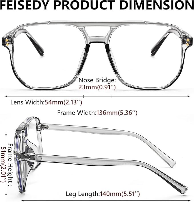 FEISEDY Blue Light Blocking Glasses Fake Nerd Clear Square Computer Lightweight Pilot Glasses Frame Oversized B2866