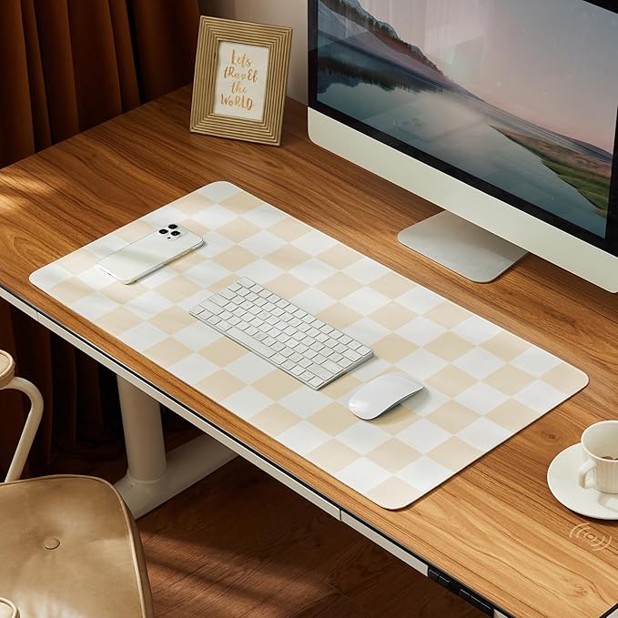 Checkered Desk Mat, Large Cute Aesthetic Retro PU Leather Computer Laptop Desk Mat, Non-Slip Waterproof Mouse Keyboard Pad, Desk Writing Mat for Work/Home (Beige, 23.6" x 13.7")