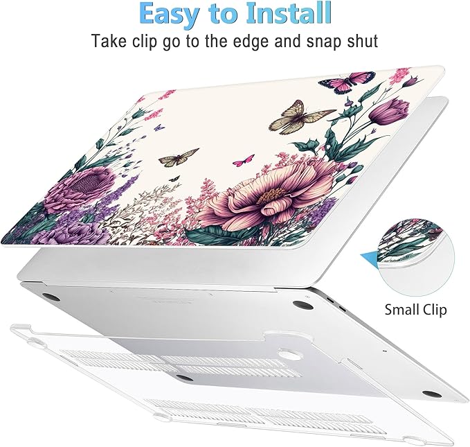 Mektron Case for MacBook Air 13 inch M1 A2337 A2179 A1932,Hard Cover 2018-2021 Air 13-inch with Touch ID, Exclusively Designed Protective Shell with Screen Protector,Butterfly Flower C077