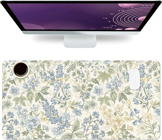Large Mouse Pad, Beige Blue Floral Desk Mat for Desktop, Women Girls Flowers PU Leather Waterproof Desk Pad, Computer PC Laptop Protector Gaming Mouse Pads for School Office Home (31.5" x 15.7")