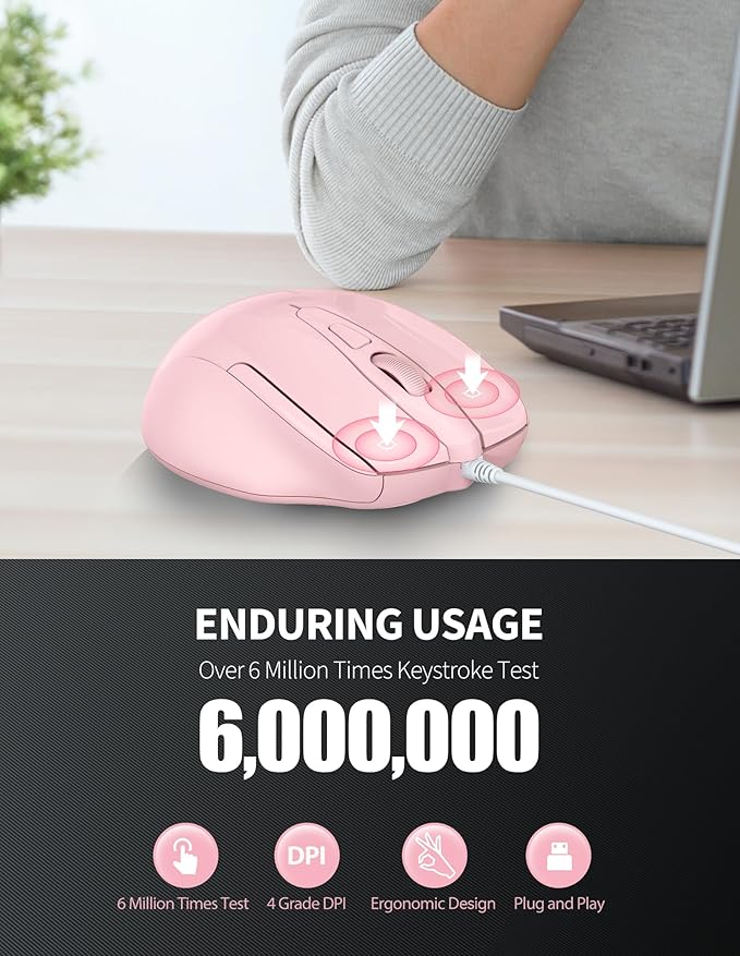 TECKNET Wired Mouse, 6-Button Corded with 4 Adjustable DPI, Optical Ergonomic Design, 5FT Cord for Laptop, Chromebook, PC, Desktop, Mac, Notebook - Pink