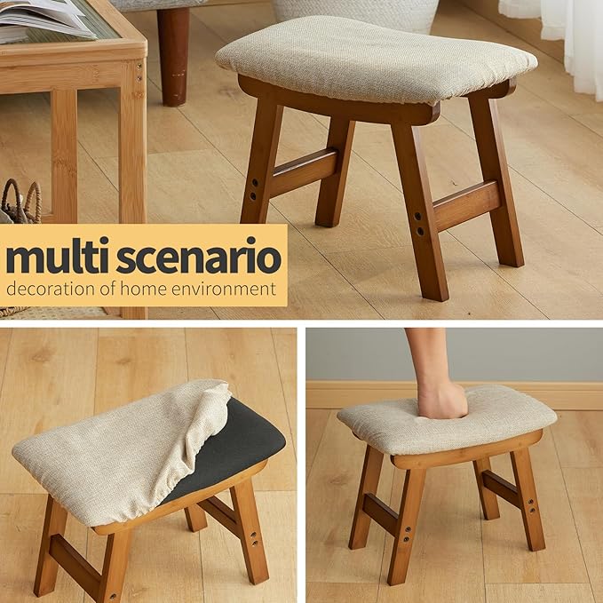 Foot Stool Ottoman Foot Rest Under Desk,Small Stool for Living Room, Bedroom and Kitchen (Brown Legs - Beige Stool Surface)