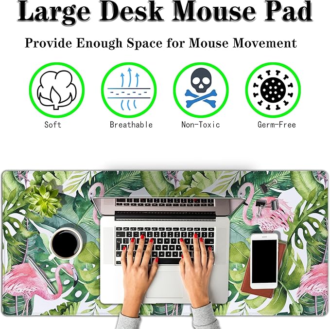 Gaming Mouse Pad Game Mat Pc Mouse Pads Large Desk Pads Computer Desk Pad Waterproof Non-Slip Rubber Base 35.4" X 15.7" for Game Office, Watercolor Tropical Palm Tree with Flamingo