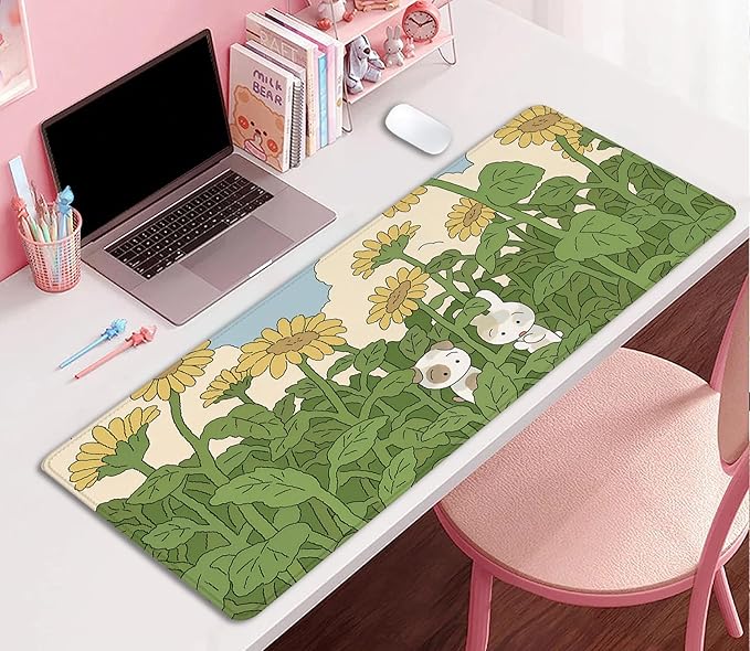 Sunflower Desktop Mouse Pad Large,Cute Mouse Pads,Cartoon Anime Mouse Mat for Desk,Desk Mat with Stitched Edges,Non-Slip Waterproof Rubber Base,Keyboard Computer Office Home Work(27.5X11.8 in)