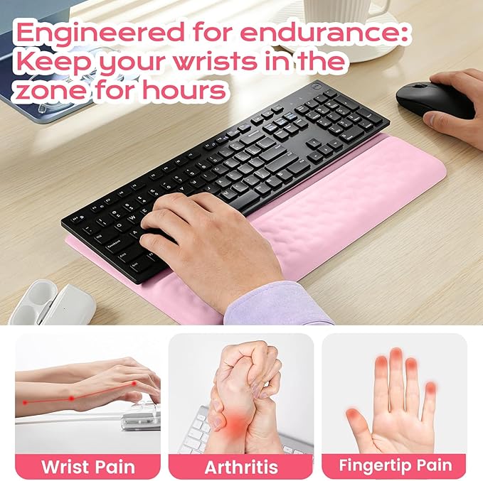 Keyboard Wrist Rest with Ergonomic Height - Computer Keyboard Stand & Soft Cushioned Pad for Wrist Pain Relief - Non-Slip Typing Support for Office, Gaming & Home (Pink)