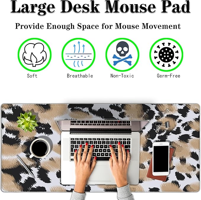Gaming Mats XXL Keyboard and Mouse Pad - Extra Large Desk Mat for Men With Non-Slip Rubber Base 35.4 X 15.7 for Game Office, Animal Leopard Print