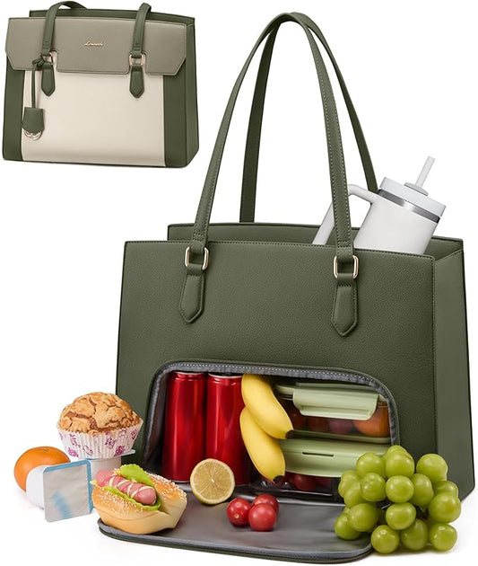 LOVEVOOK Lunch Tote Bag for Women, 15.6 Inch Laptop Work Bag with Insulated Lunch Compartment, Large Capacity Computer Handbag with Cup Holder for Business, Nurse, Teacher, Mommy