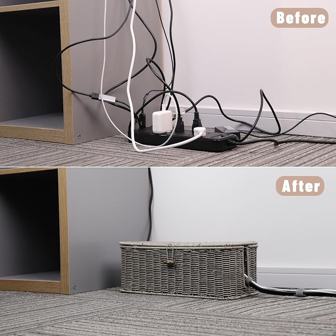 BROWNLILY Cable Management Box, Rattan Style Cord Organizer for Desk Cord Hider Outlet Covers Baby Proofing for Power Strip TV PC Router Charger Under Desk Storage with Lockable Lid and Cable Ties - Image 6