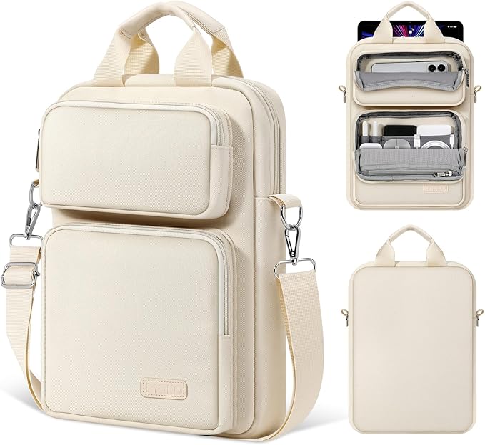 MoKo 10-13 inch Tablet Sleeve Bag for iPad Pro/Air M4 13inch, Pro 12.9/11", 10.9" iPad 10th/Air 5/4th, Galaxy Tab S8+/S9+ 12.4, Carrying Case with Multi-Pockets & Removable Shoulder Strap, Light khaki