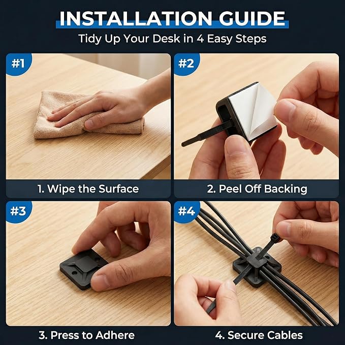 Zip Tie Mounts - SeuYeugX 100PCS Cable Self Adhesive Mounts Set for Wire Management with Stick Pads Anchors Clips Squares Holders (Black) - Image 3