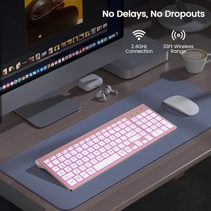 SABLUTE Wireless Keyboard with 7 Colored Backlits, Rechargeable Silent Compact Cordless Computer Keyboard with Low Profile Quiet Light Up Keys for Windows, PC, Linux, Chrome, Mac (Rose Gold)
