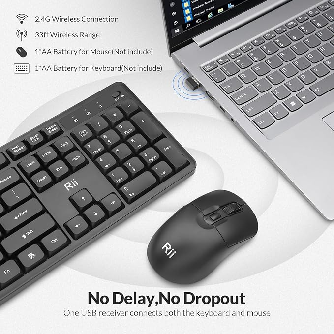 Wireless Keyboard and Mouse,Rii RK209 2.4G Full-Sized Quiet Wireless Ergonomic Keyboard,Quiet Typing and Clicking,Adjustable 5000 DPI Mouse for PC, for Windows,Mac