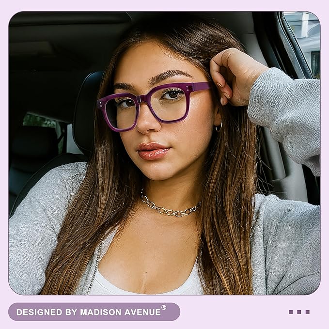 Madison Avenue Oversized Blue Light Blocking Glasses for Women Fashion Blue Light Blockers Anti Eyestrain & UV Protection Computer Eyeglasses (Transparent Purple)