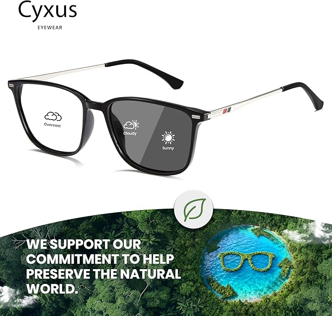 Cyxus Blue Light Blocking Glasses Photochromic Men Square Computer Gaming UV400 Protection 8208iT43