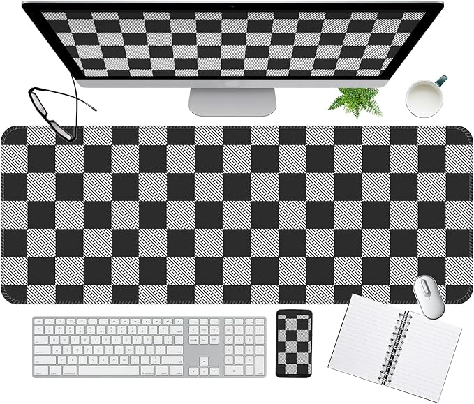 Desk Mat,Big Desk Pad,31.5 x 11.5in Extended Gaming Mouse Pad,Large Mouse Pad for Desk Rubber Base Mousepad with Stitched Edges,Keyboard Mouse Mat for Work Game Office Home - Black Grey Chessboard