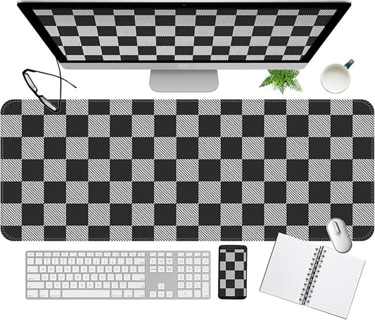 Desk Mat,Big Desk Pad,31.5 x 11.5in Extended Gaming Mouse Pad,Large Mouse Pad for Desk Rubber Base Mousepad with Stitched Edges,Keyboard Mouse Mat for Work Game Office Home - Black Grey Chessboard