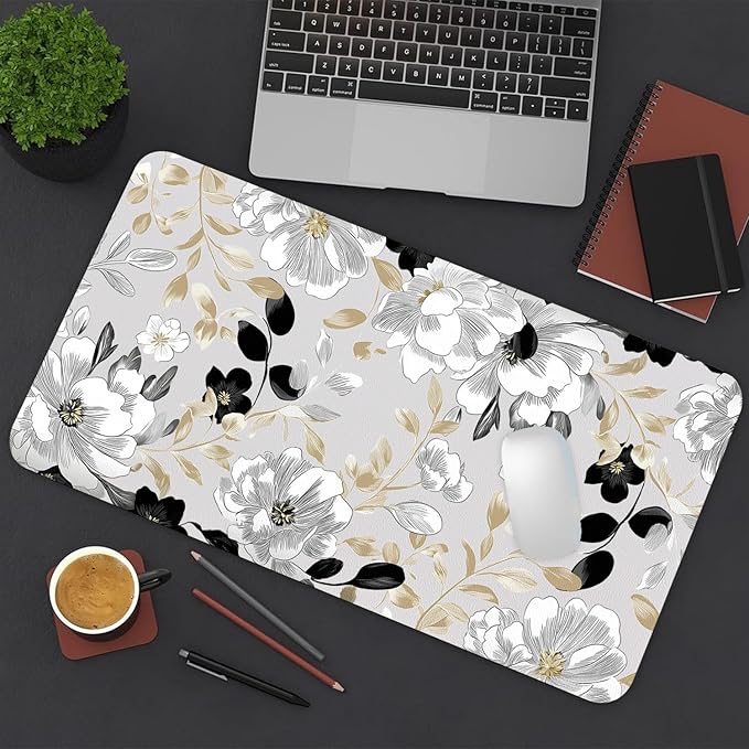Large Mouse Pad, Black White Floral Desk Mat for Desktop, Women Girls Flowers PU Leather Waterproof Desk Pad, Computer PC Laptop Protector Gaming Mouse Pads for School Office Home (23.6" x 11.8")
